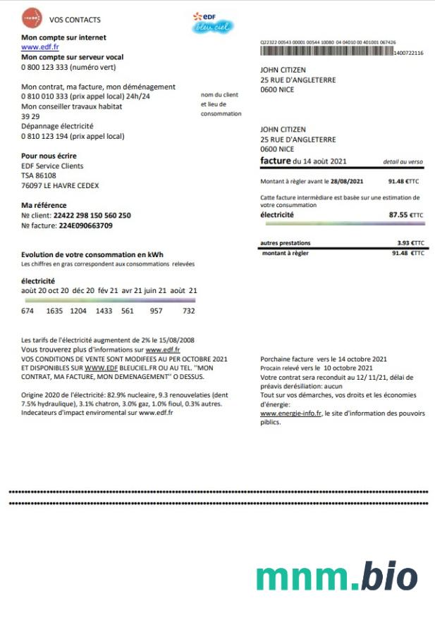 Francja EDF dowód adresu szablon rachunku za media w formacie Word i PDF